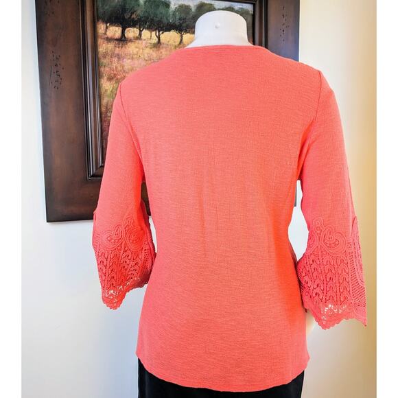 Adrianna Papell Top Blouse Small Sugar Coral Cotton Crochet Trim Gauzy Crepe - Picture 4 of 10